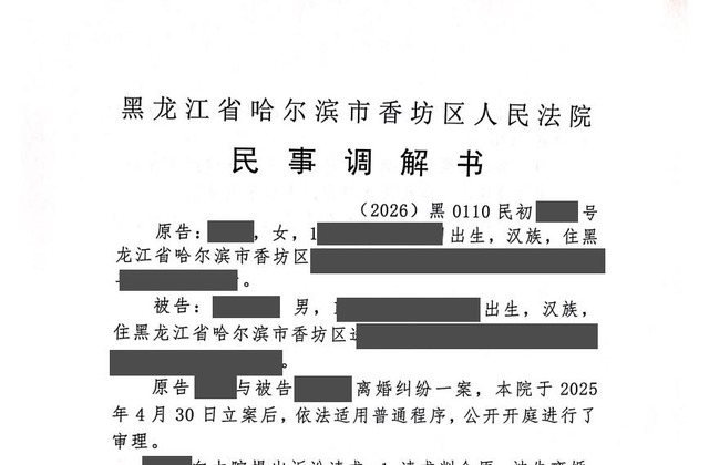 哈尔滨香坊区离婚纠纷民事调解书首页封面
